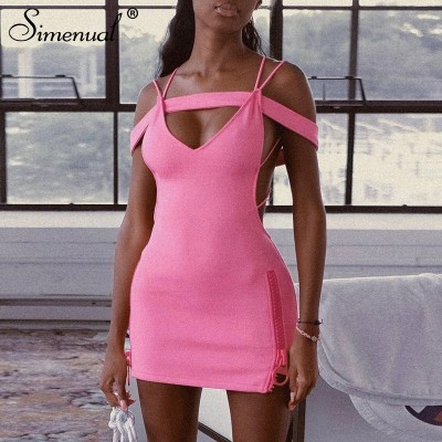 Zipper Backless Off Shoulder Pink Mini Dress Sexy Strap Night Clubwear Bodycon Tight Fitted Outfits 